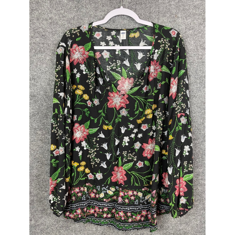 Old Navy Floral Blouse Womens XXL Black Excellent Long Sleeve V-Neck Rayon Top